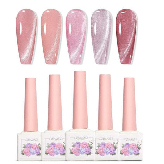 Adhere 5Pcs 12ML Cat Eye Soak Off UV LED Gel Nail Polish Set, Reflective Glitter Cat Eye, Sparkling Diamond Magnetic Transparent Pink Color with Magnet
