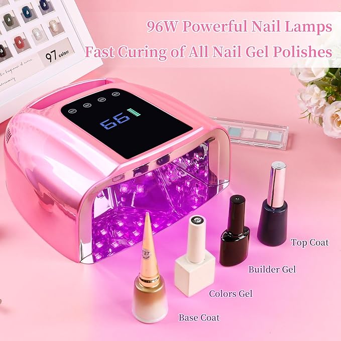 96W Rechargeable UV LED Nail Lamp, Portable Cordless UV Light for Nails with LCD Display Auto Sensor, 4 Timer Setting and Smart Sensor Nail Dryer,Nail Cure Light with Removable Bottom(Pink)