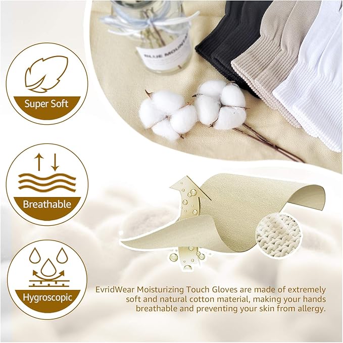 Evridwear Unisex Moisturizing Cotton Gloves with Touchscreen Fingertips for Eczema Beauty Cosmetic Dry Hands Sensitive Irritated Skin Therapy Overnight Bedtime, 6 Pairs, Lightweight-White, XS