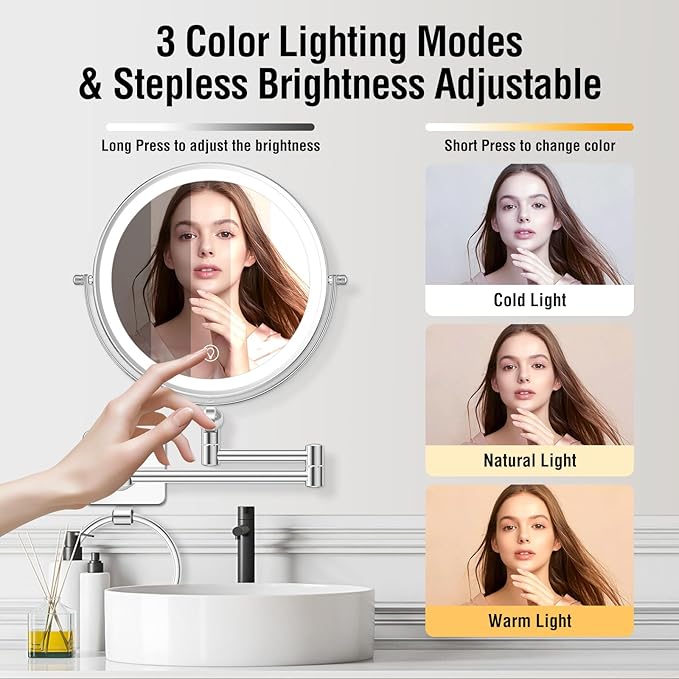 360° Rotation Adjustable 10x Large Wall Mounted Makeup Mirrror, Height Adjustable Lighted Mirror, 8" Double Sided Mirror, 1X/10X Magnifying Bathroom Mirror, Detachable Ring, 3 Color Lights