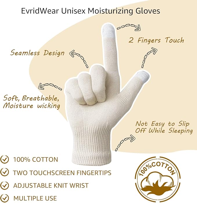 Evridwear Unisex Moisturizing Cotton Gloves with Touchscreen Fingertips for Eczema Beauty Cosmetic Dry Hands Sensitive Irritated Skin Therapy Overnight Bedtime, 6 Pairs, Lightweight-Beige, L/XL