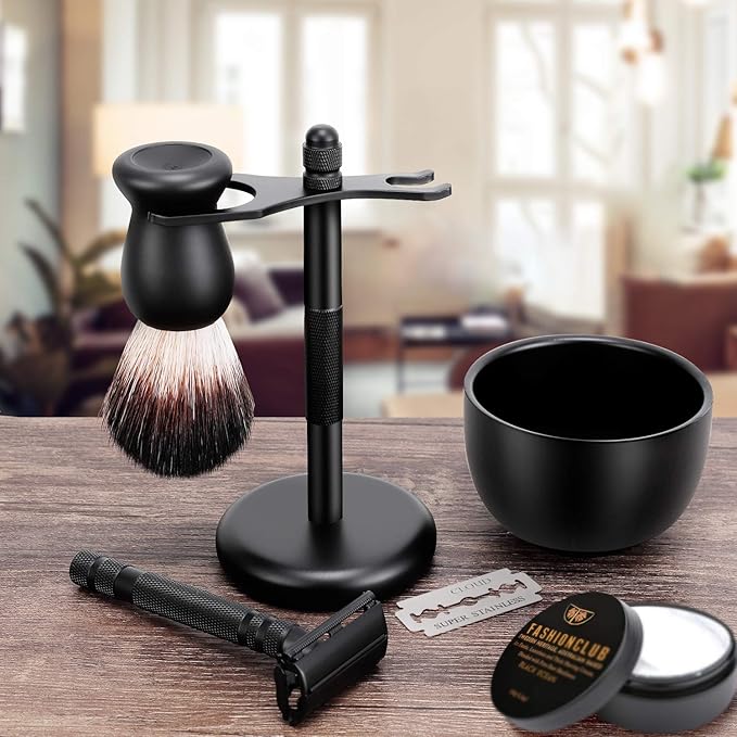 Amazing Safety Razor Shave Kit - Mysterious Black Men's Shaving & Grooming Sets - Butterfly Open Safety Razor,Friendly Brush,Great Shaving Stand,Shaving Soap Bowl, Super Stainless Blades