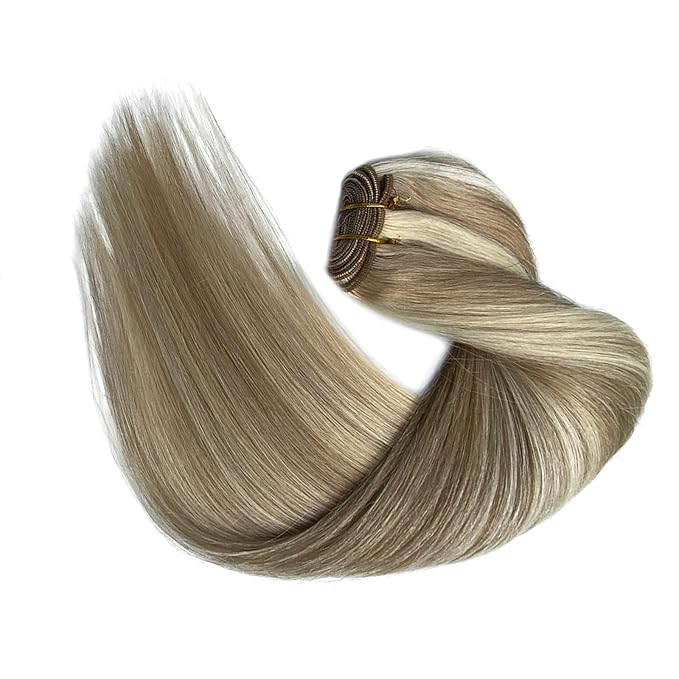 Sew in Hair Extensions Real Human Hair Ash Blonde Balayage Blonde Hand Tied Weft Hair Extensions Human Hair Bundles 14 Inch 80G Sew in Weft Hair Extensions Human Hair Weave Sew in Weft Extensions