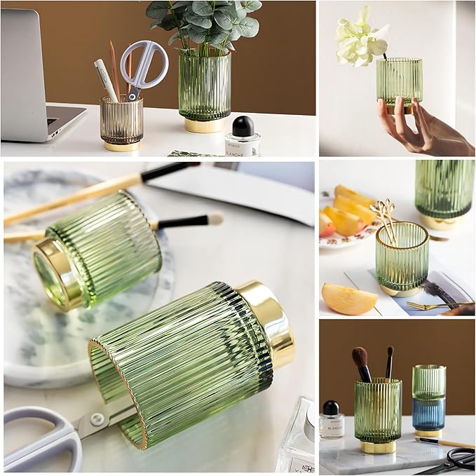 DASITON Makeup Brush holder Organizer,Crystal Cosmetic Glass Storage Holder, Vintage Make Up Brush Cup Pen Pencil Holder striped vase(Green S+L