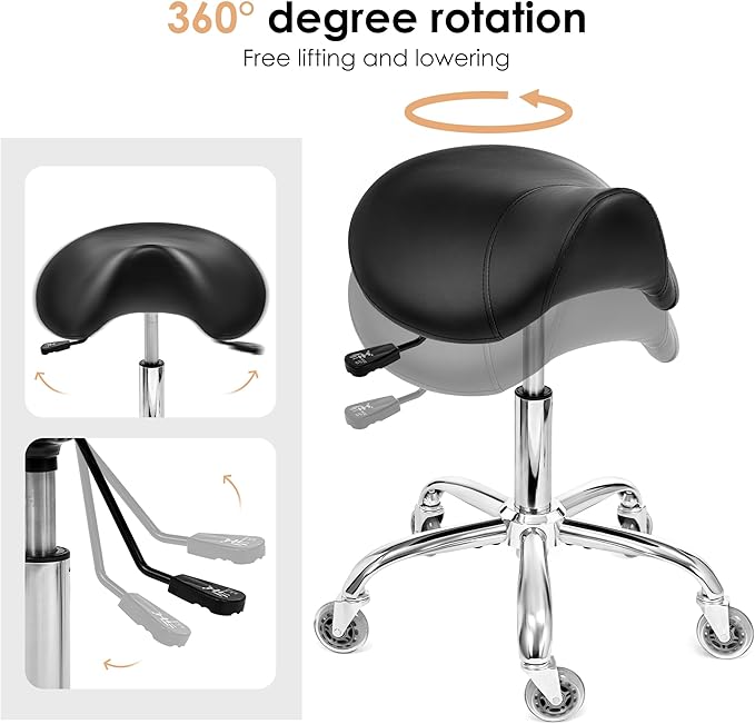 BEWISHOME Saddle Stool with Wheels, Swivel Adjustable Rolling Stool,Heavy Duty PU Leather Wide Thick Seat Padding Ergonomic Chair for Beauty Salon Spa Clinic(Black) BMD01B