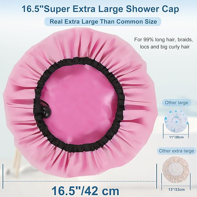 3 Pcs 16.5" Super Extra Large Shower Cap - Reusable Dual Waterproof for Women, Jumbo Satin Lined for Braids & Long Hair, XXL Adjustable for Locs Dreadlocks Music