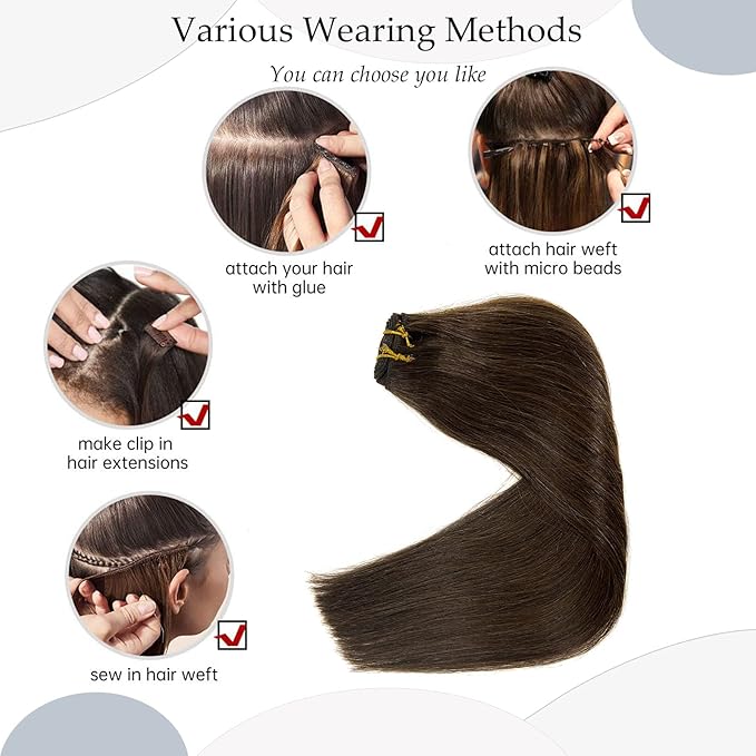 Sew in Weft Hair Extensions Human Hair Bundles, Dark Brown Sew in Hair Extensions Real Human Hair for Women, 120G 24Inch Remy Human Hair Sew in Extensions Hand Tied Weft Hair Extensions