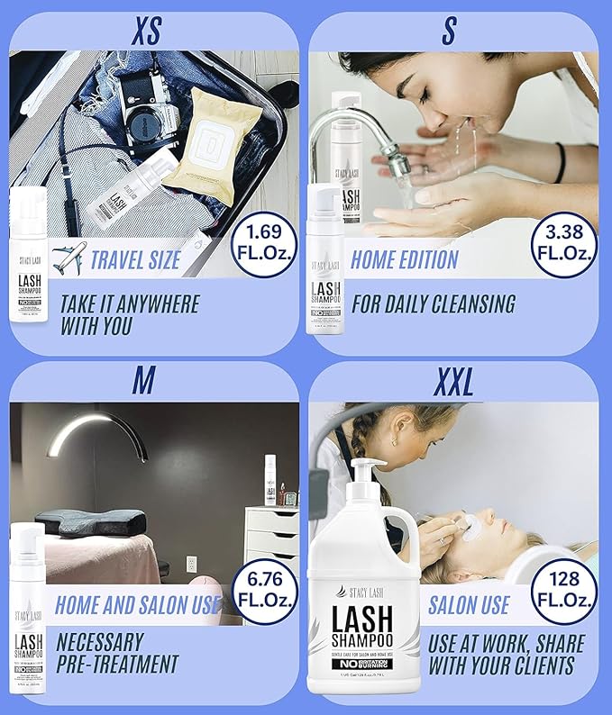 STACY LASH 6.76 fl.oz / 200ml Eyelash Extension Shampoo + Brush/Eyelid Foaming Cleanser/Wash for Extensions & Natural Lashes/Safe Makeup Remover/Supplies for Professional & Home Use