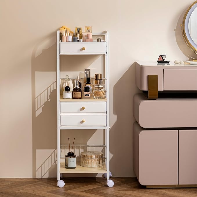 HBlife Floor Makeup Organizer Storage Cart, Make Up Organizers with Drawers, Vanity Cosmetics Display Cases Holder for Skincare Nail Polish Perfume, Bathroom Organizer Shelf with Wheels