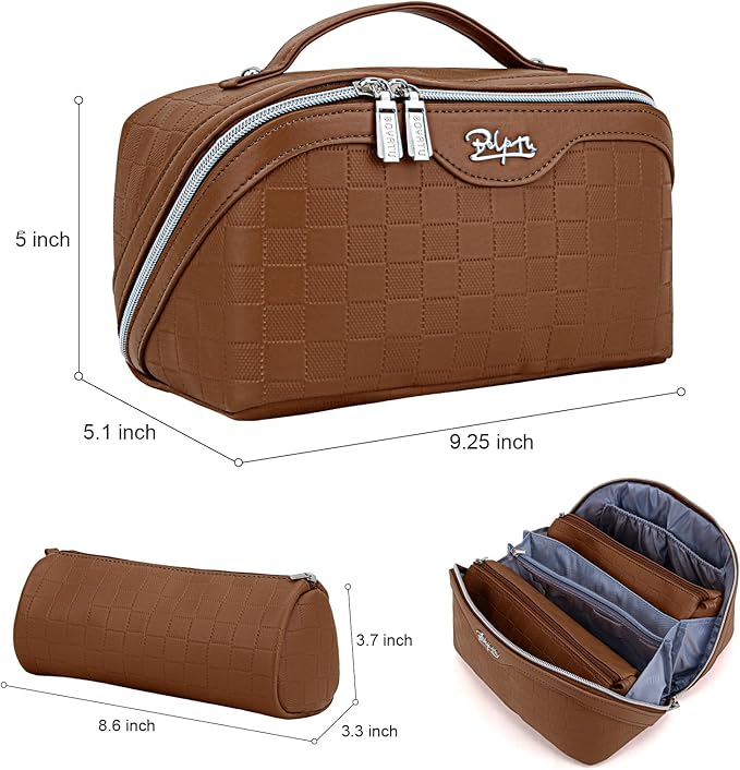 Travel Makeup Bag Organizer Cosmetic Bag: 3 Pcs Set Make up Bags for Women with Handle - Waterproof Vegan Leather Toiletry Bags with Comparments (Brown)