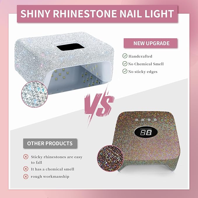 220W UV LED Nail Lamp, UV Light for Gel Nails, Wireless Rechargeable Professional Curing Lamp, with Portable Handle and Sparkly Rhinestones, LCD Display, Easy to Carry for Salon & Home