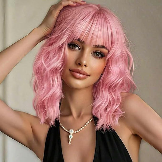 AISI HAIR Curly Bob Wig with Bangs Short Wavy Pink Color Wigs for Women Bob Style Synthetic Heat Resistant Bob Wigs