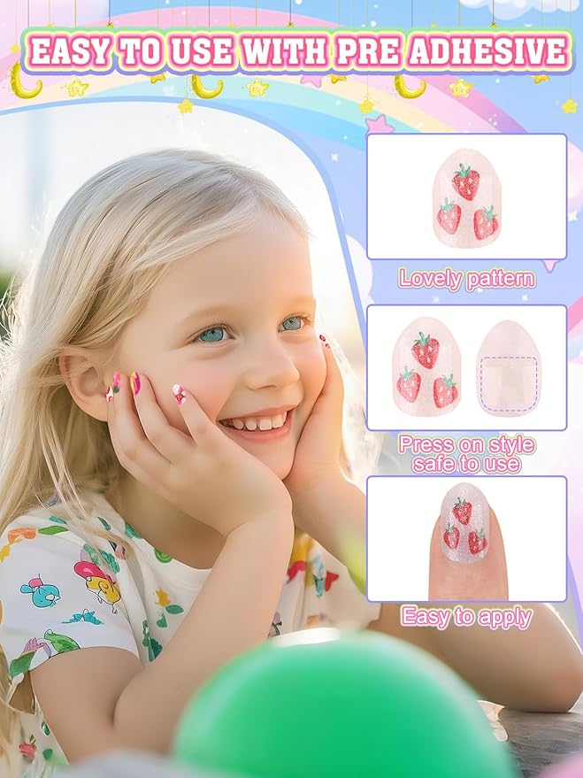 72 Pieces Press on Nails for Kids, EBANKU 3 Pack Kid Fake Nail Kit Pink Purple Gold Strawberry Flower Press on Nails for girls 8-12 Years with Jelly Nail Adhesives