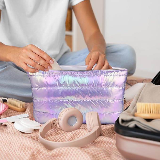 Hiroyuki 3pcs Iridescent Quilted Makeup Bag (plain, purple)