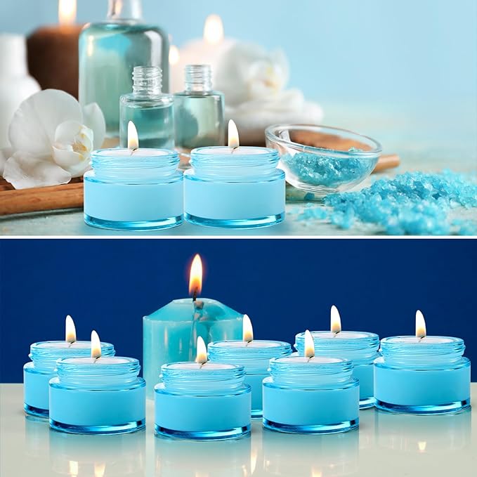 Domensi 60 Pcs 1oz Glass Jars with Lids Bulk Salve Tins Small Glass Candle Cosmetic Jars for Travel with Inner Liners Containers for Lotions Sample Cream(Light Blue, White Lids)