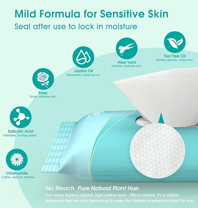 Facial Cleansing Wipes, Tea Tree Oil Extract for Face Cleansing, Salicylic Acid for Acne Treatment, Hydrating Pore Care for Sensitive Skin, Exfoliating & Soothing Double-Sided Cleansing Wipes (56PCS)