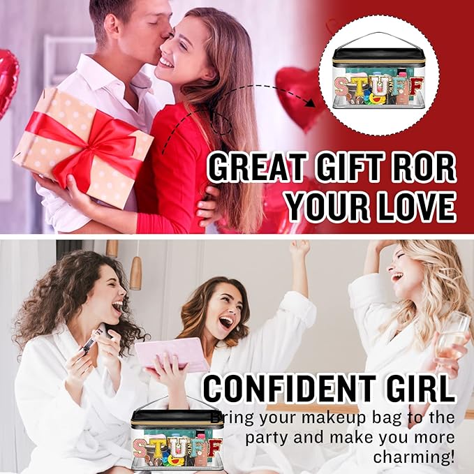 Chenille Letter Clear Makeup Bags Stuff Pouch, Preppy Patch Makeup Bag Zipper with Handle, Transparent PVC & Nylon Waterproof Glitter Cosmetic Handbag Travel Toiletry Storage for Women(STUFF-Black)