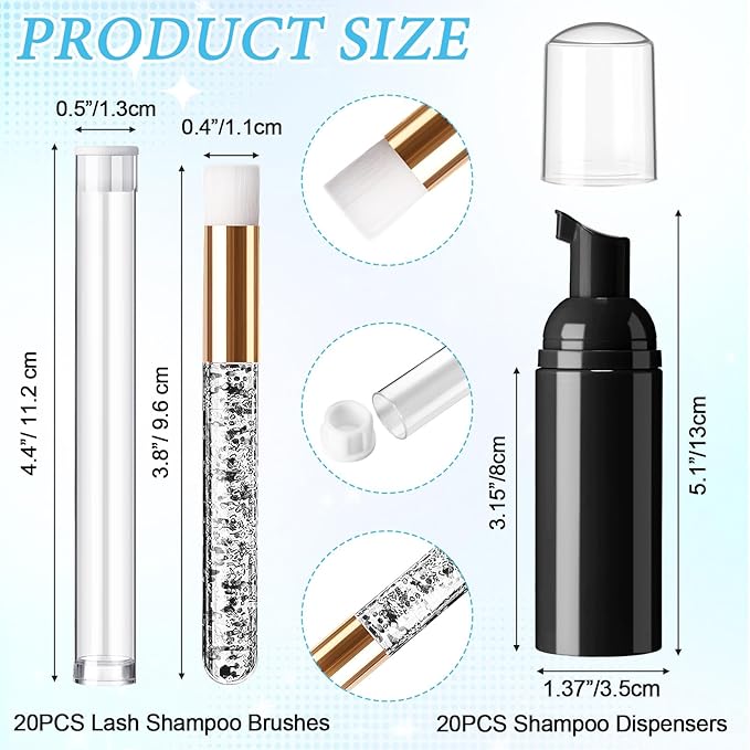 Zhehao 80 Pcs Lash Shampoo Bottle Brushes Kit 20 Foam Pump Dispensers 20 Lash Shampoo Brushes 20 Eyelash Aftercare Bag 20 Cleaning Pipes, Eyelash Extension Supplies(Black)