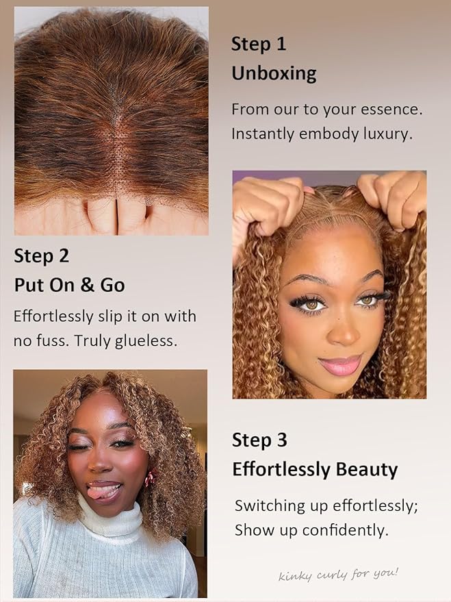 5×5 Kinkycurly Highlight Ombre and Brown Bob Wig Human Hair Glueless Wigs Human Hair Pre Plucked Pre Cut Short Curly Free Part Honey Blonde Hd Lace Closure Wigs Human hair for Black Women 12 Inch