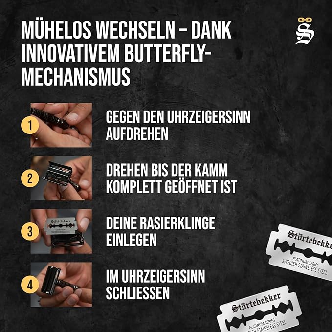 Störtebekker® Premium Men's Safety Razor ‘Hamburg’ - incl. handmade leather case with built-in mirror, 10 Störtebekker blades & shaving guide - First Class Wet Razor shaving set - Gift Idea for Men