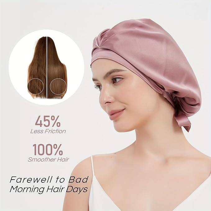 RachelSilk 100% Mulberry Silk Sleep Cap, Grade 6A 19 Momme Silk for Women Hair Care, Silk Night Bonnet with Elastic Stay On Head, Silk Cap after Shower, for Small -Medium Head Size (Rose)