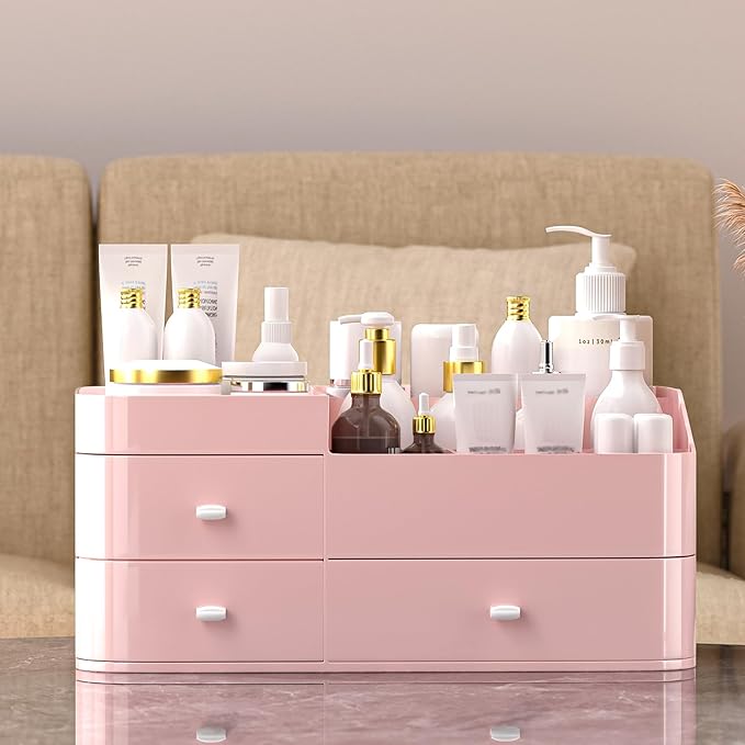 MIUOPUR Makeup Organizer for Vanity, Large Capacity Desk Organizer with Drawers for Cosmetics, Lipsticks, Jewelry, Nail Care, Skincare, Ideal for Bedroom and Bathroom Countertops - Large Pink