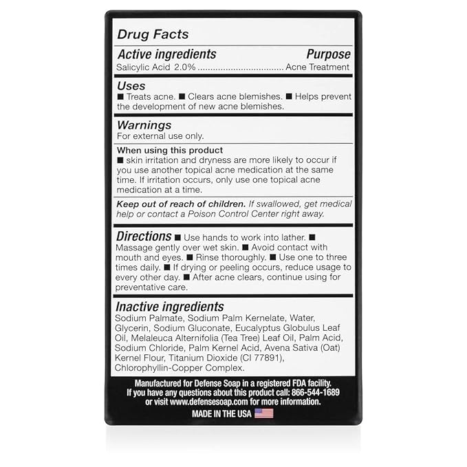 Defense Acne Care Bar Soap 4.2oz | contains 2% Salicylic Acid, Tea Tree & Eucalyptus Essential Oils & Oatmeal