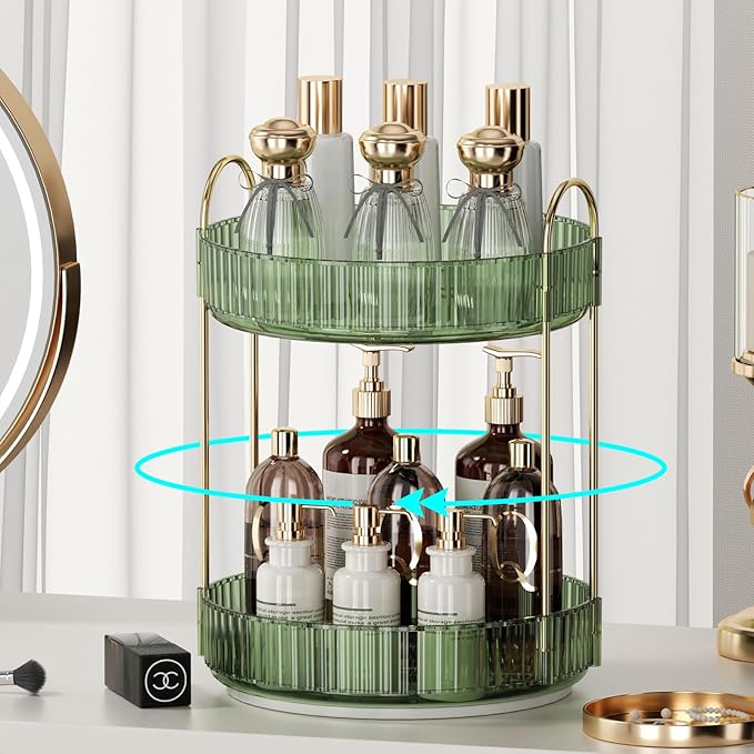 360° Rotating Makeup Organizer for Vanity - 2 Tier Perfume Organizer with Large Capacity - Skincare Organizer for Bathroom Counter - Space-Saving Cosmetic Storage for Dresser Countertop (Green)