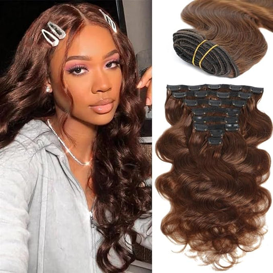 LUMIERE Human Hair Clip In Extensions 120g Medium Brown Body Wave Clip In Extensions Human Hair For Black Women Seamless Clip Ins 8 Pcs 20 Clips Double Wefts #4 22 Inch