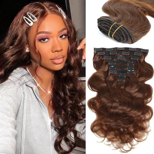 LUMIERE Clip In Hair Extensions Real Human Hair120g Seamless Body Wave Clip In Extensions Black Women Double Wefts Medium Brown 8 Pcs 20 Clips Color #4 16 Inch