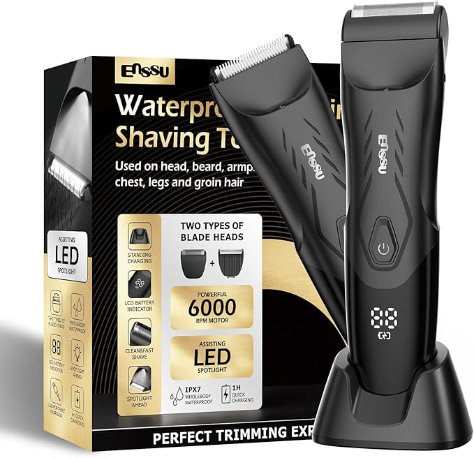 Men Hair Trimmer with Dual-Blades,Electric Waterproof Body Grooming Shaver,Painless Quiet Hygiene Razor with Standing Charging Dock Black