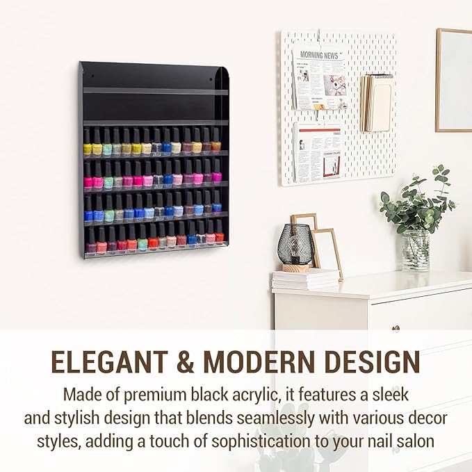 MyGift Black Premium Acrylic Wall Mounted Salon Nail Polish Rack, 6 Tier Display Shelf Storage Organizer - Holds up to 102 Nail Polish Bottles