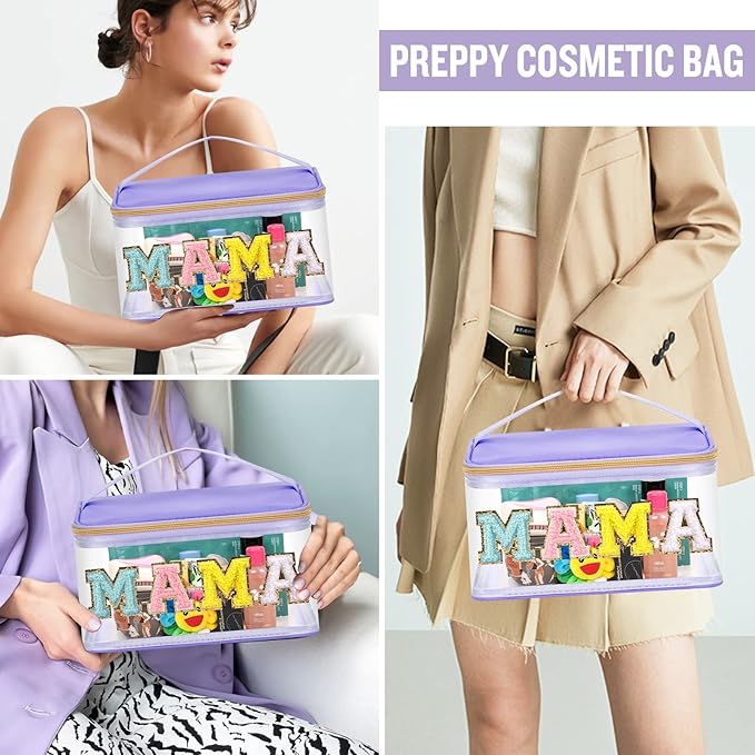 Chenille Letter Clear Makeup Bags Mama Pouch, Preppy Patch Makeup Bag Zipper with Handle, Transparent PVC & Nylon Waterproof Glitter Cosmetic Handbag Travel Toiletry Storage for Women(MAMA-Purple)
