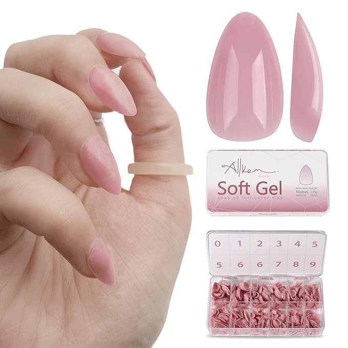 Allkem Soft Gel Nail Tips - Extra Short Almond Nail Extensions Kit - 12 Sizes XS Full Cover Nails - Pink (504 Pieces)