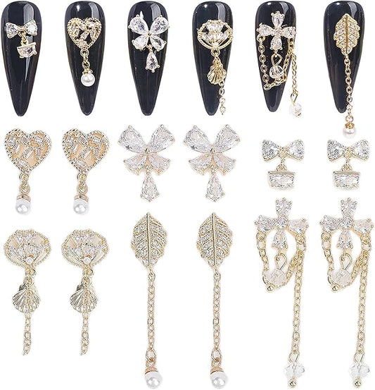 12Pcs Gold Nail Charms Nail Zircon Dangle Charms Rhinestones for Nails Gold Charms for Nails Shiny Nail Art Crystal Charms Gems Jewelry Studs Nail Diamond Rhinestone Charms for Nail DIY Decoration