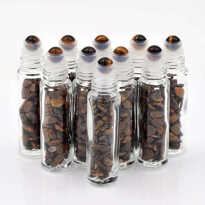 Essential Oil Roller Bottle 10ml w EVA Carrying Travel Case（Clear Glass Bottle with silver Cap、10pack、Gemstone Roller Balls、Healing Crystal Chips Inside、Opener)Gemstone Roller Ball Bottles