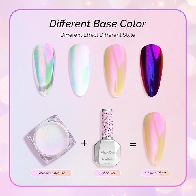 MelodySusie Unicorn Chrome Nail Powder,Ice Transparent Aurora,Mirror Effect,Color Changing Pearlescent,Multi-color Chrome Rainbow Pigment Super Shiny,Suitable for Home DIY Nail Salon