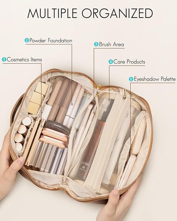 Vlando Travel Makeup Bag,Teacher Appreciation Gifts,Brown Leather Make up Bagr for Women,Makeup Brushes Bag with Divider and Handle,Gifts for Mom Women Traveler