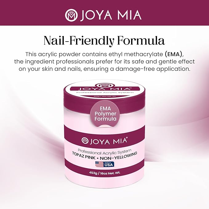 Joya Mia Acrylic Powder for Nails, MMA-Free, Super Adhesion Professional Powder for Flawless & Long-Lasting Nail Enhancements, Easy Application, Vibrant & Stunning Colors - Topaz Pink, 16 oz