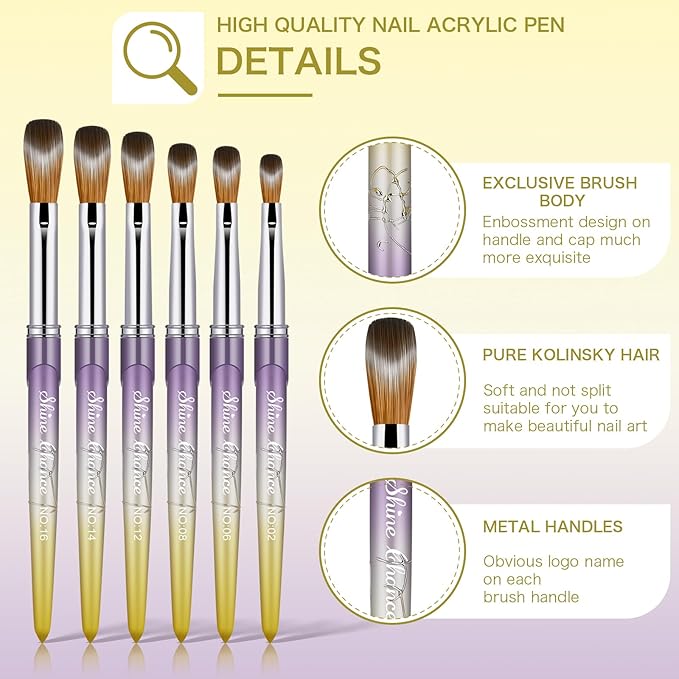 6Pcs Acrylic Nail Brushes Set, Kolinsky Acrylic Nail Art Brush, Art Design & Polish Mistake Cleaning Manicure Tools for Women Acrylic Application (Size 2 6 8 12 14 16), Yellow