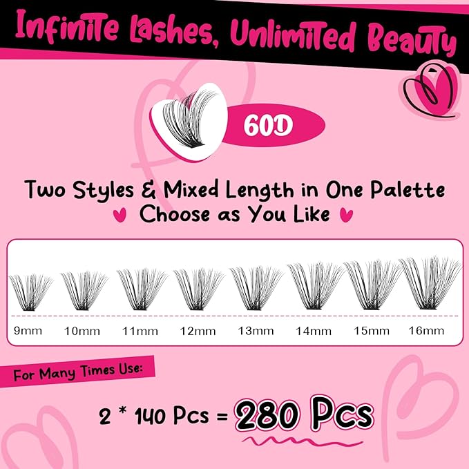 DIY Lash Extension Kit 280pcs Lash Clusters D Curl Eyelash Extension Kit Individual Lashes with Lash Bond and Seal Lash Applicator Easy to Apply at Home(60D-9-16mix Kit)