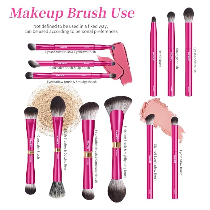 MAANGE 12 Pcs Makeup Brush Set Double-ended Kabuki Brush Travel Makeup Brushes for Foundation Powder Concealers Eye Shadows Makeup Tools Set with LED light Mirror (Pink)