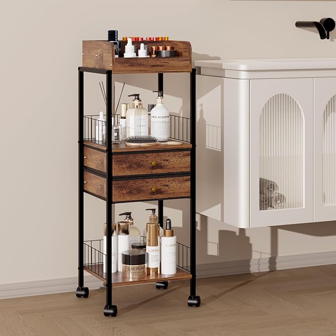 Makeup Organizer Cart Shelf Floor Skincare Organizers Make Up and Station Storage Cabinet For Vanity Standing Cosmetics With Drawers and Wheels For Nail Polish Perfume Hair Tool Beauty(Black)