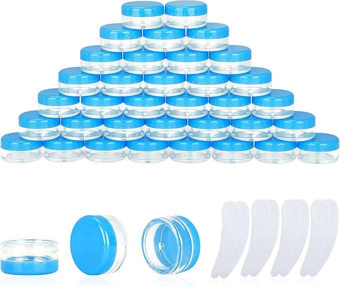 100PCS 3 Gram Sample Containers, 3ml Empty Jars with Lids, Small Cosmetic Containers, Mini Sample Jars with 8PCS Mini Spatulas for Make Up, Oils, Lotion, Powder, Paint, Jewelry, Lip Balms(Blue Lid)