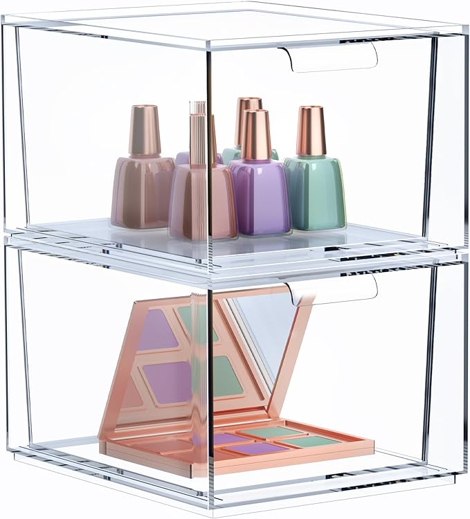 Sorbus 2 Pack Makeup Organizer - Clear Stackable Acrylic Drawer Organizer for Vanity, Bathroom, Undersink, Cabinets, Jewelry, Stationary, Plastic Storage Bins for Office Organization and Storage