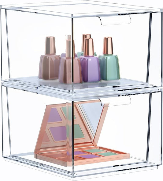 Sorbus 2 Pack Makeup Organizer - Clear Stackable Acrylic Drawer Organizer for Vanity, Bathroom, Undersink, Cabinets, Jewelry, Stationary, Plastic Storage Bins for Office Organization and Storage