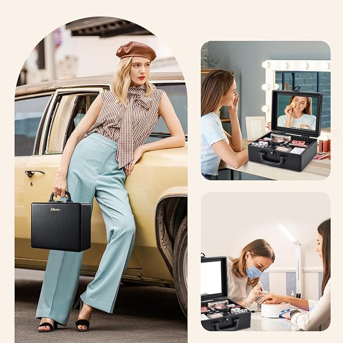 Joligrace Travel Makeup Case with Mirror, Makeup Organizer Case, PU Leather Makeup Train Case Portable Vanity Case Make up Box Countertop Storage Bag for Women,with Adjustable Dividers & Brush Holder