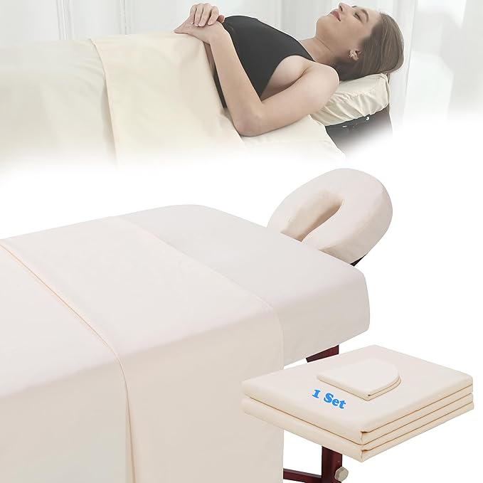 Microfiber Massage Table Sheet Sets 3 Pcs Massage Bed Cover Soft Wrinkle Free Includes Massage Fitted Sheet,Massage Sheets and Face Cradle Cover for SPA Beauty Salon Tattoos (Beige)