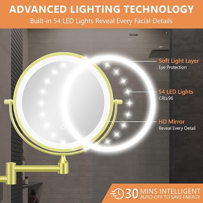 1X/20X Wall Mounted Makeup Mirror with Light, 8" Double-Sided Magnifying Mirror, 3 Color Lights Touch Dimmable Vanity Mirror with 360° Extension Rotation Foldable 14.5 Inch Arm for Bathroom