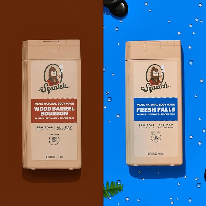 Dr. Squatch NEW Body Wash for Men with Nourishing, Natural Ingredients | No Paraben, Phthalate, Sulfate | All Day Moisture | Long Lasting Scent | Wood Barrel Bourbon & Fresh Falls (14 oz, 2-Pack)